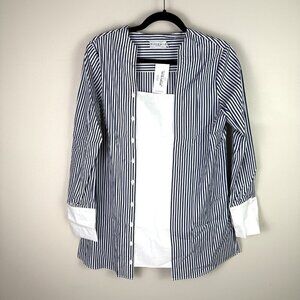 Anthropologie Harshman Janine Tunic Shirt M Navy Stripe White Cotton Long Sleeve